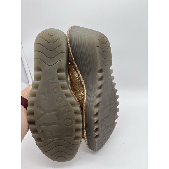 Fly London Yakin Wedge Sandals Gold Glitter Leather Peep Toe Shoes Size: 41 / 10 - Picture 7 of 9